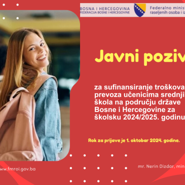 Javni poziv za sufinansiranje troškova prevoza učenicima srednjih škola na području države Bosne i Hercegovine za školsku 2024/2025 godinu